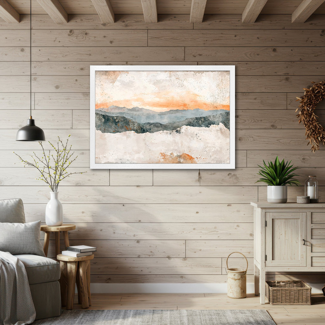 Framed Poster featuring watercolor mountains in a neutral color palette. Perfect wall art for a cozy, modern home.