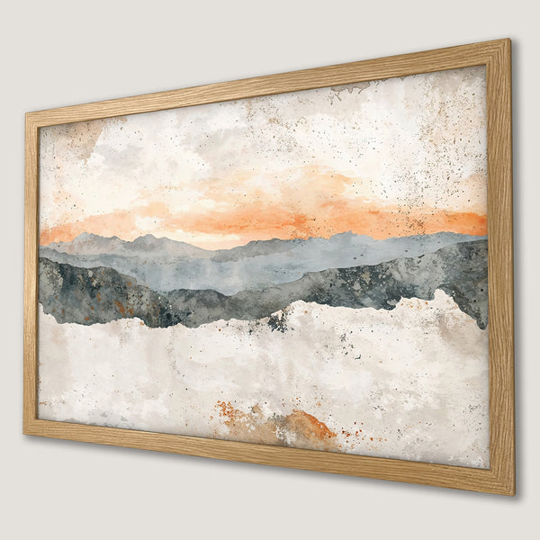 Framed Poster of watercolor landscape art. Features mountain scene in muted orange, gray, and beige tones. Perfect wall decor.