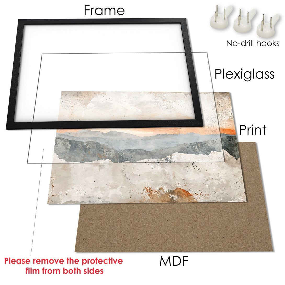 Framed Poster featuring an abstract watercolor landscape in neutral tones. Perfect wall art for any room!
