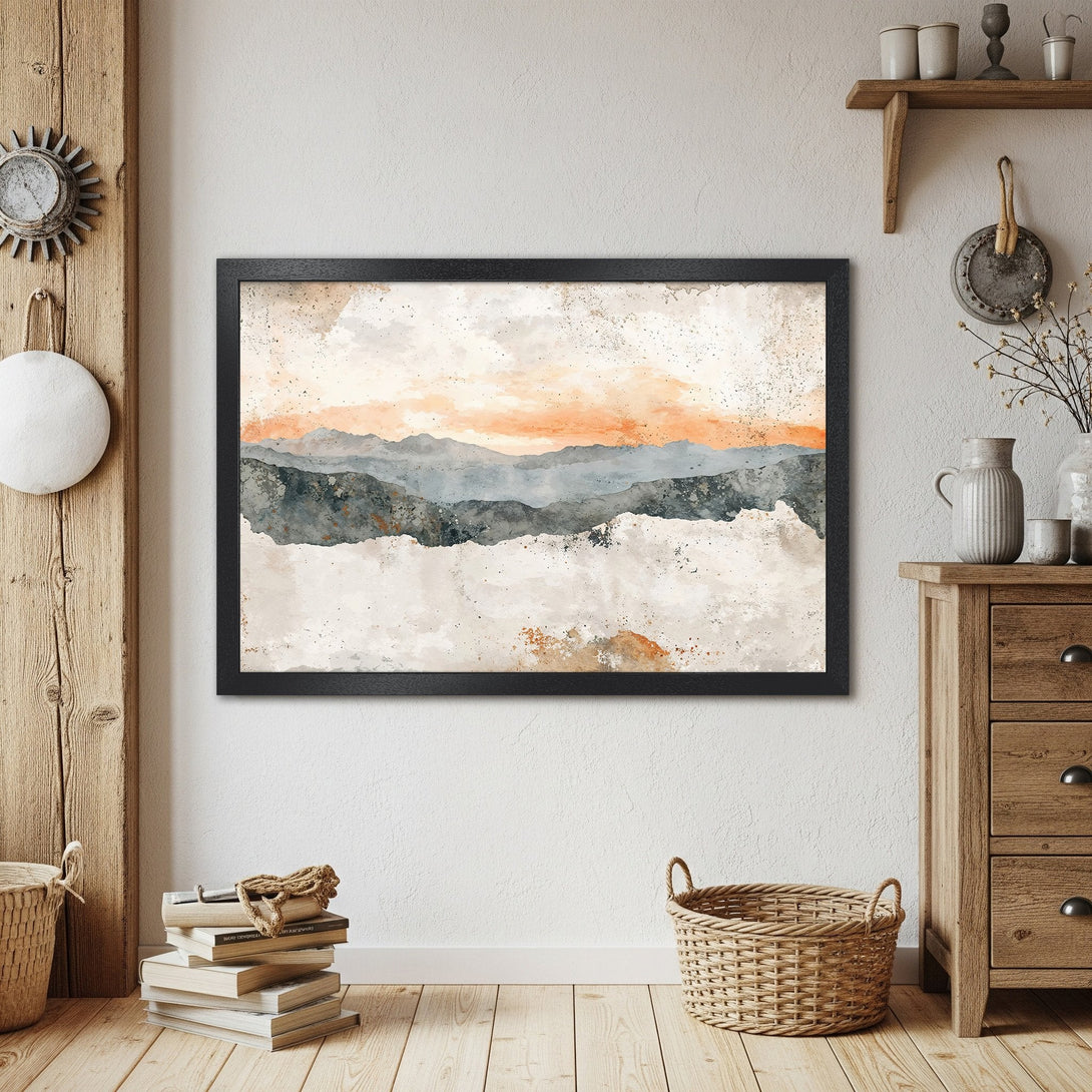 Framed Poster of watercolor mountain landscape art in neutral tones. Perfect wall decor for a cozy home.