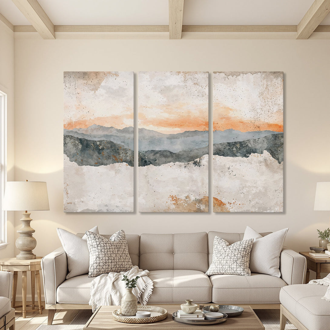Canvas Print of a watercolor mountain landscape in neutral tones. Modern abstract art with a warm, inviting color palette.