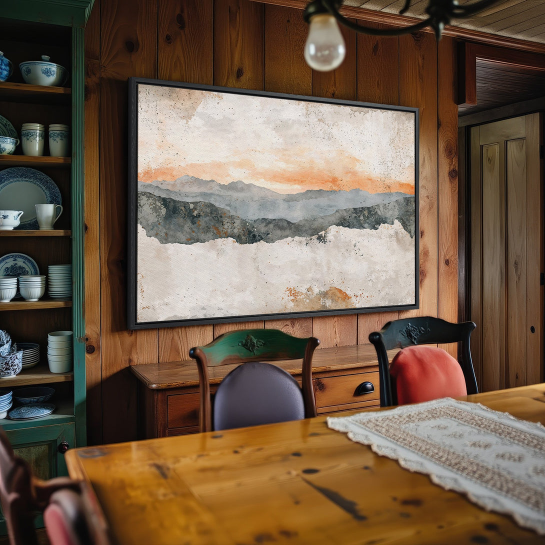 Framed Wall Art featuring a watercolor mountain landscape in neutral tones. Perfect for adding a touch of serenity to your home decor.