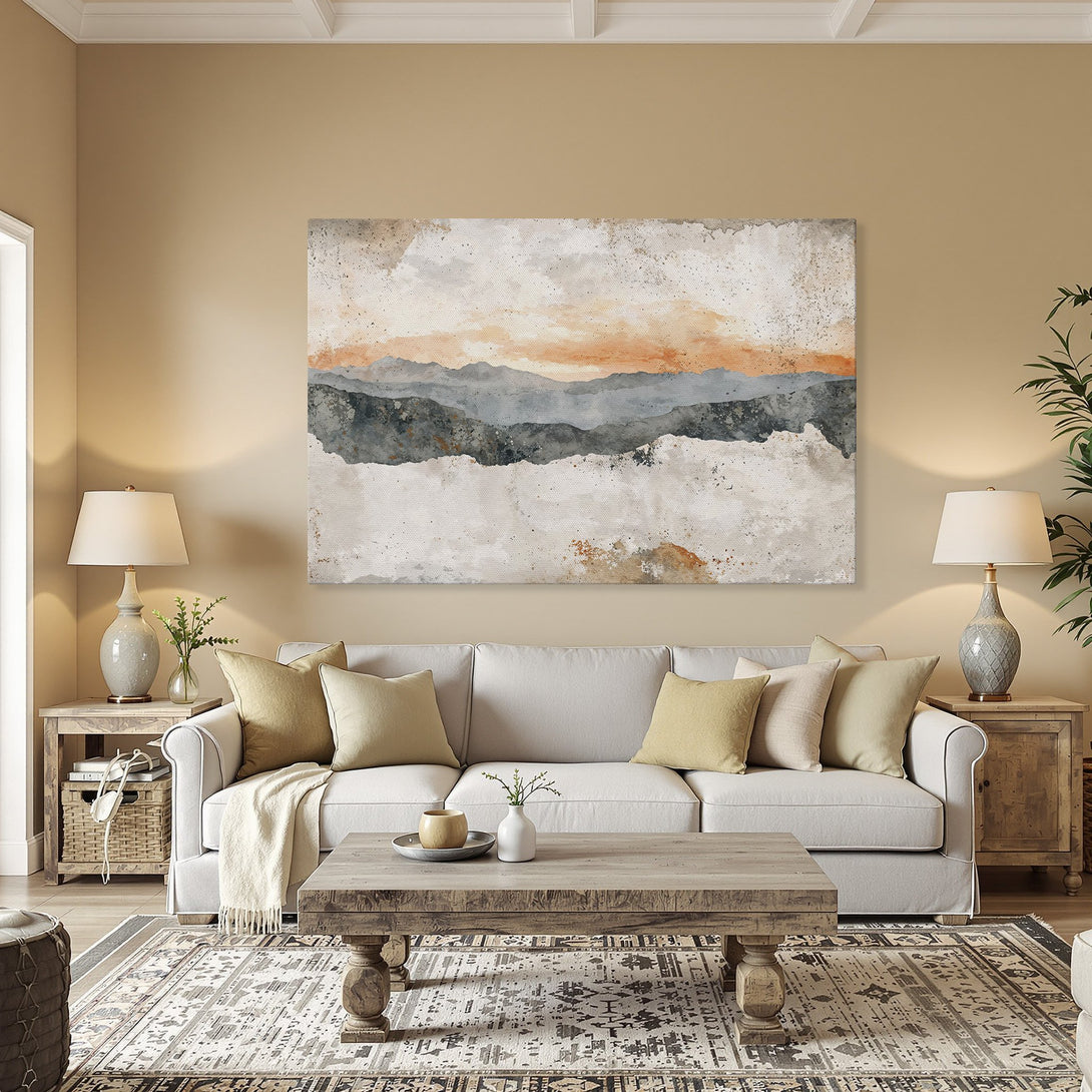 Framed Wall Art: Abstract landscape Canvas Print in neutral tones with orange and gray accents. Perfect for modern home decor.