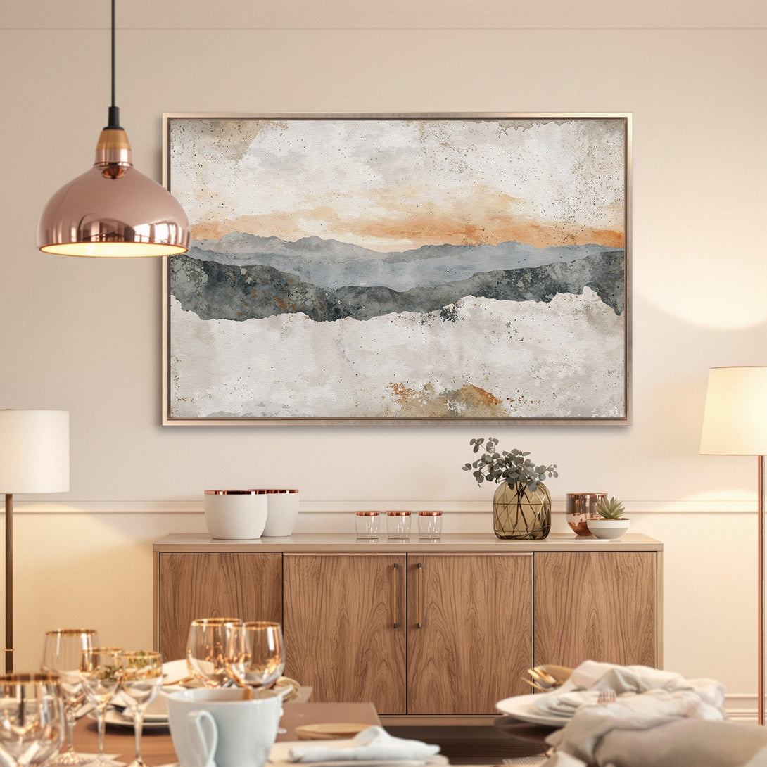 Framed Wall Art: Abstract landscape canvas print with muted orange, gray, and beige tones. Modern art for dining room decor.