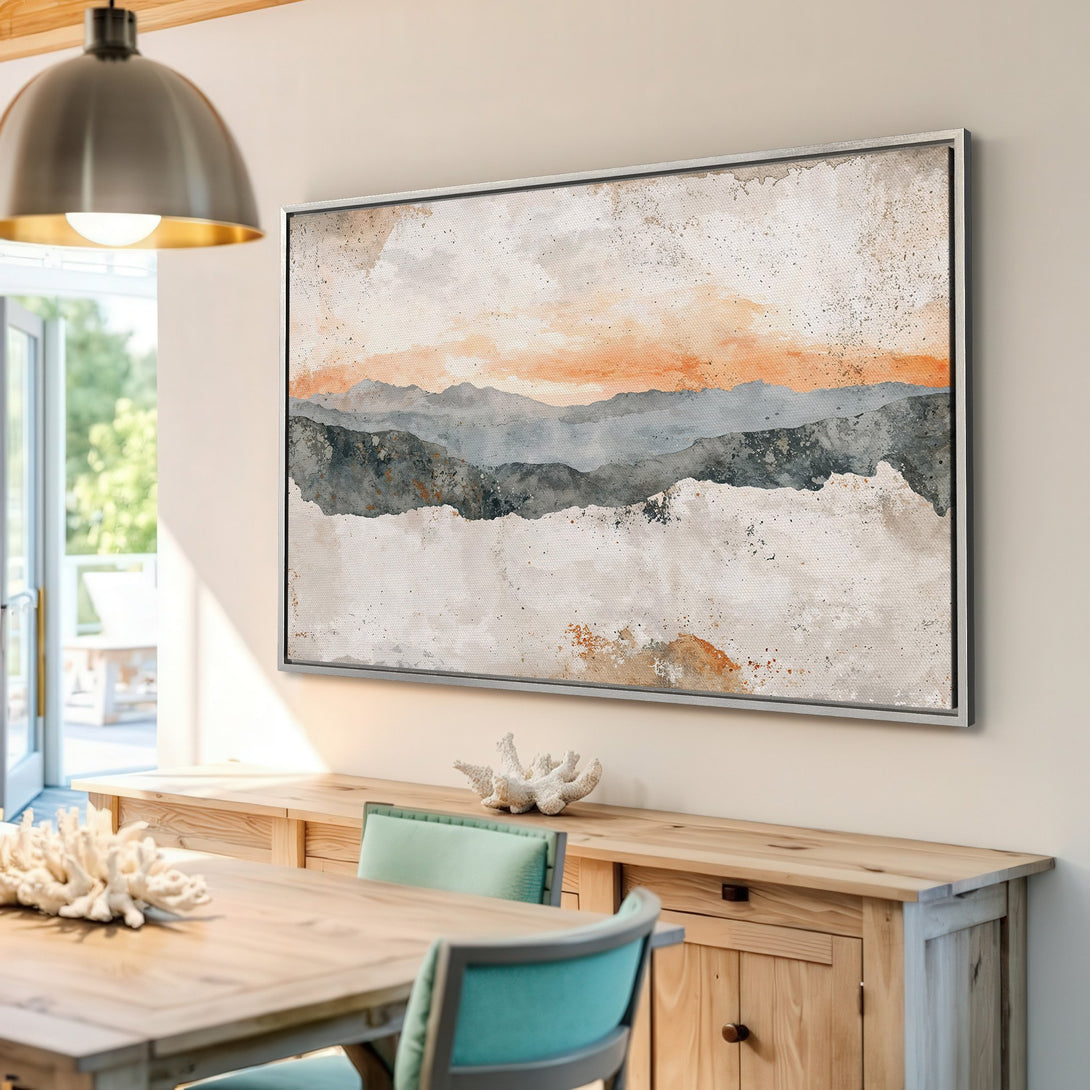 Framed Wall Art: Abstract mountain landscape canvas print in neutral tones, perfect for adding a touch of modern art to your home decor.