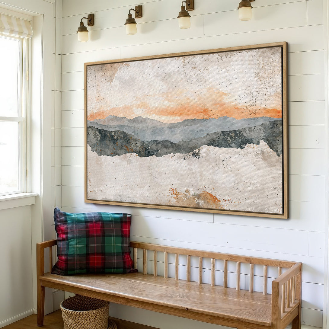Framed Wall Art: Abstract mountain landscape in neutral tones. Modern canvas print with orange, gray, and beige color palette. Perfect for home decor.