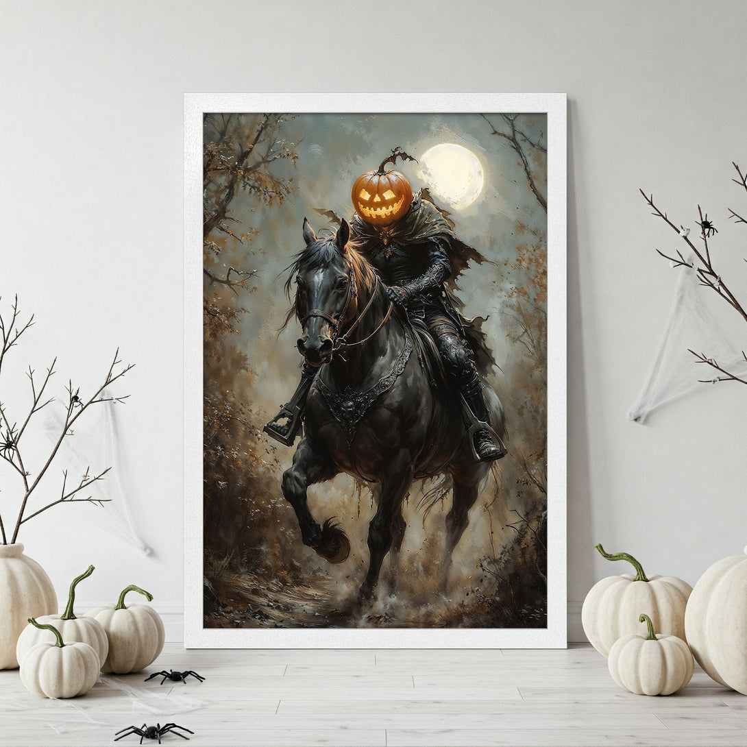 Framed Poster featuring a spooky headless horseman with a pumpkin head. Dark, dramatic art style with a muted, earthy color palette. Halloween decor.