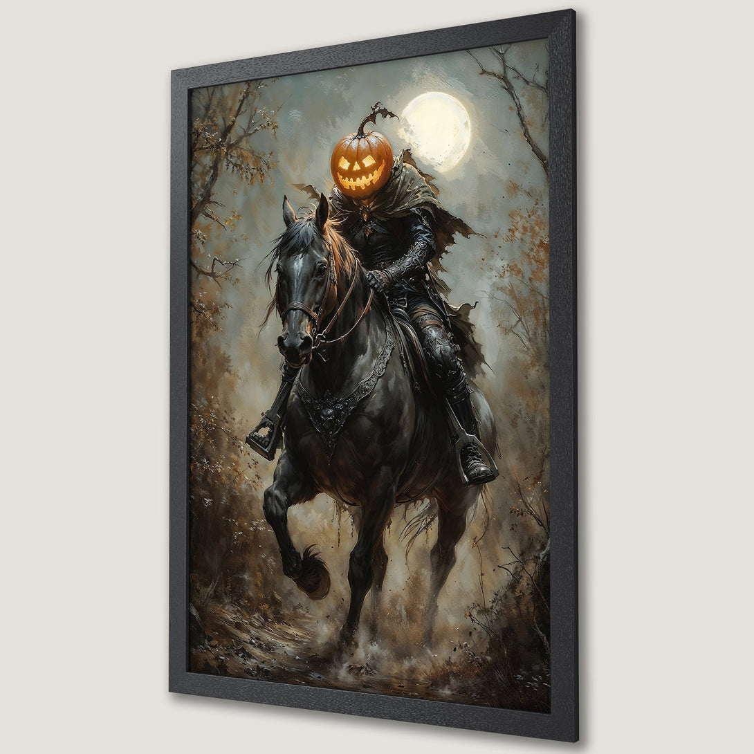 Framed Poster featuring the Headless Horseman on a black horse, in a gothic style with a muted, earthy color palette. Perfect Halloween decor!
