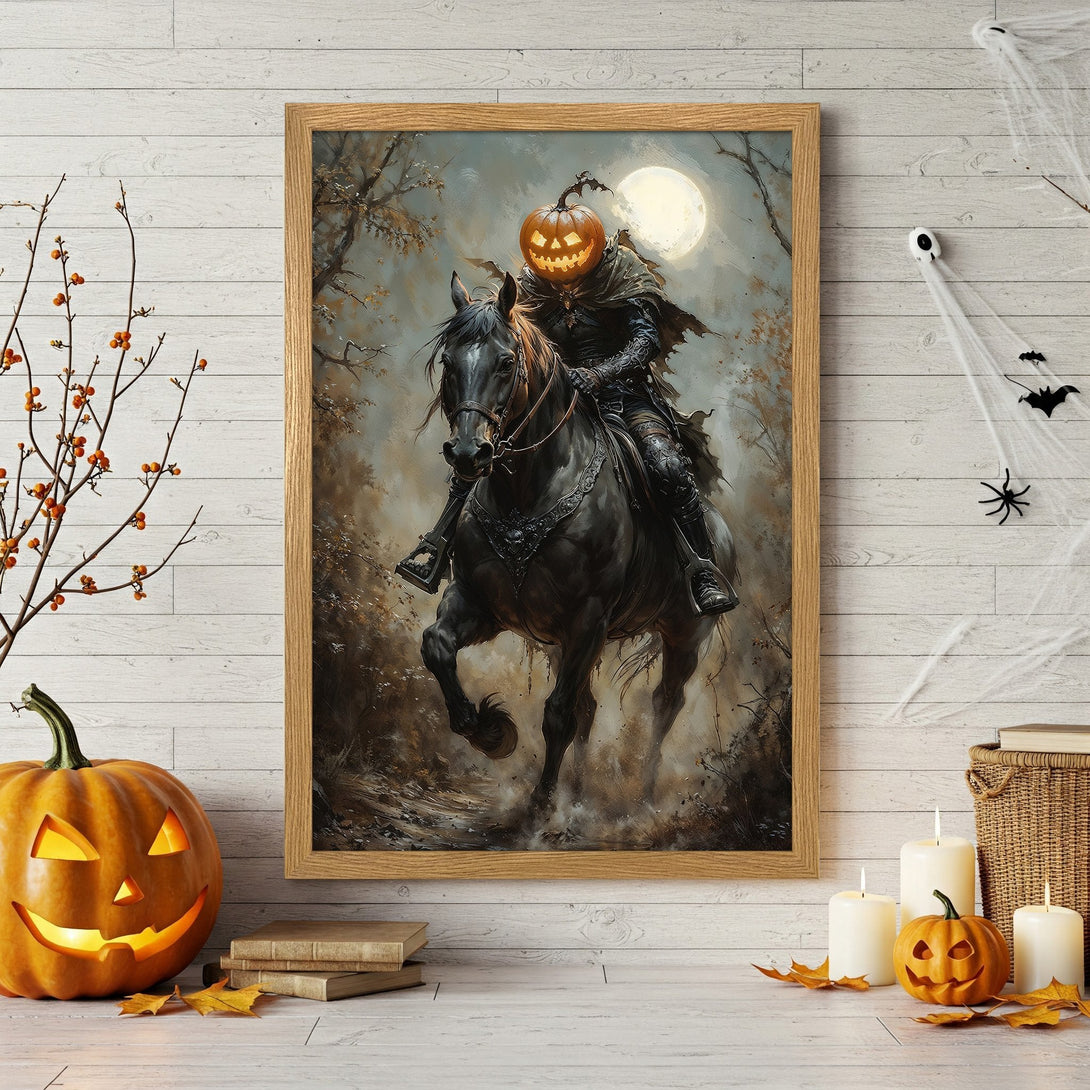 Framed Poster: Spooky Halloween art featuring a pumpkin-headed rider on a black horse, in a vintage style, with a muted brown and grey color palette.