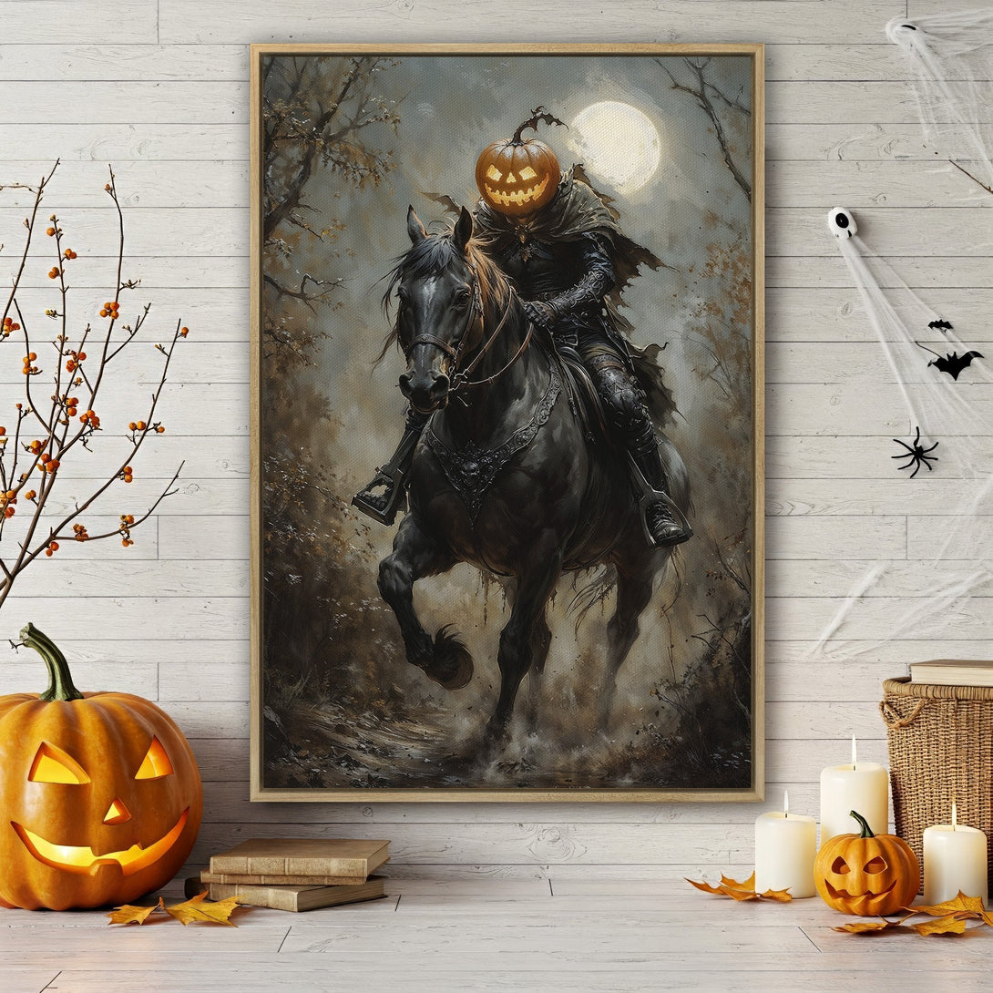 Framed Wall Art: Spooky Headless Horseman canvas print in dark, moody tones. Perfect Halloween decor for a chilling, artistic touch.