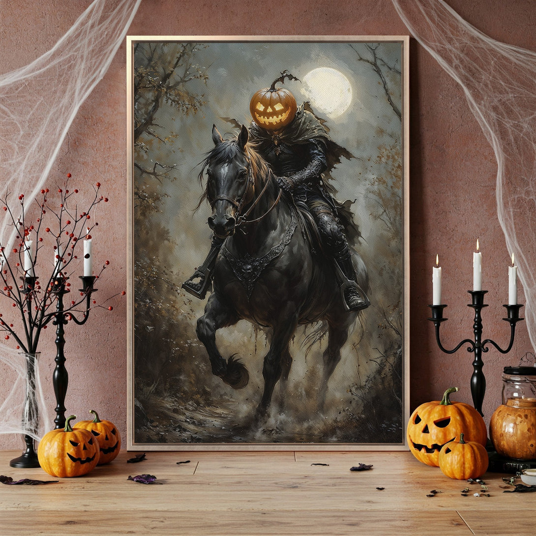 Framed Wall Art: Spooky Halloween scene of headless horseman on black horse. Dark, moody color palette. Perfect for Halloween decor.