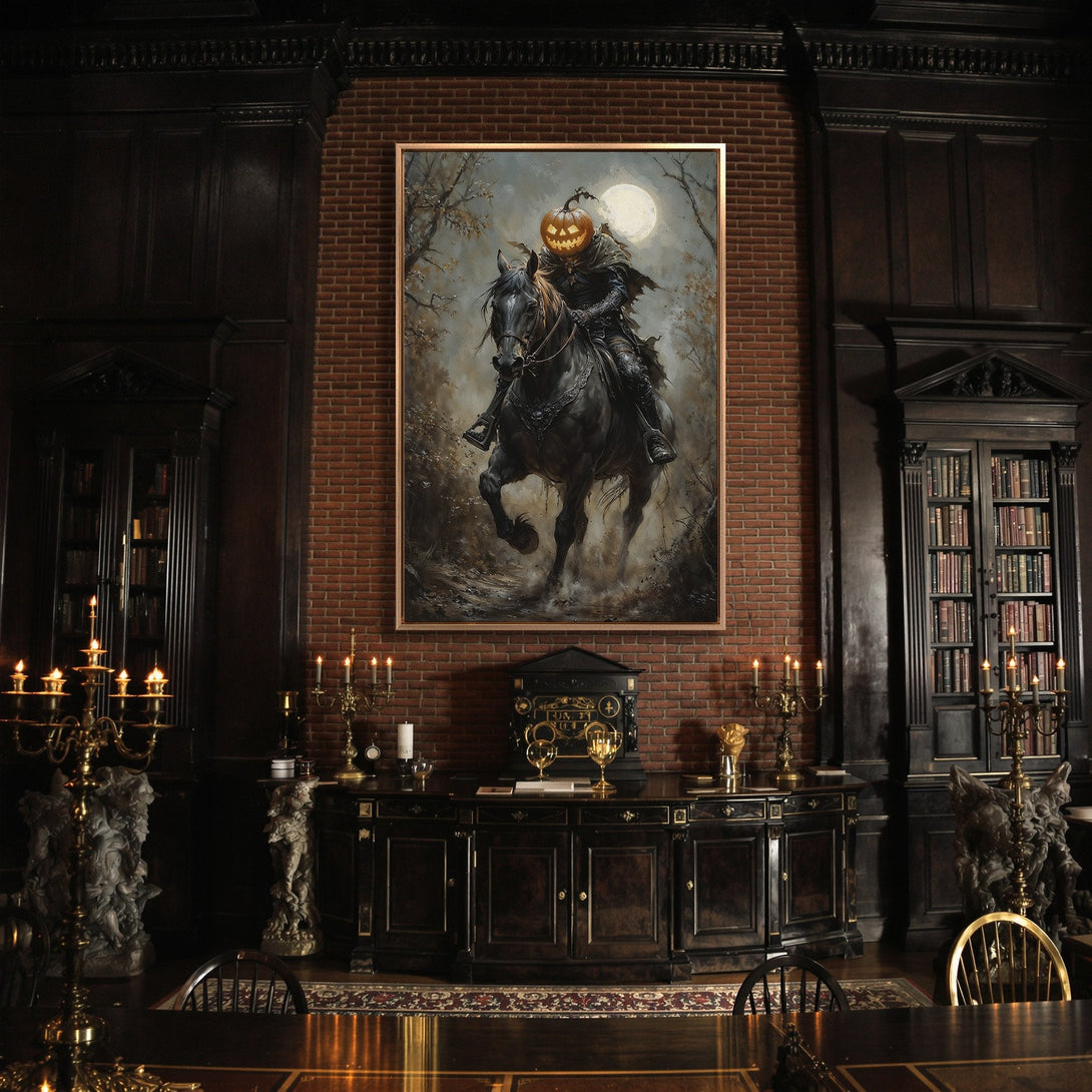 Framed Wall Art: Spooky Halloween scene of a headless horseman riding a black horse. Dark, gothic style with a moody, grayscale palette. Perfect for Halloween decor!