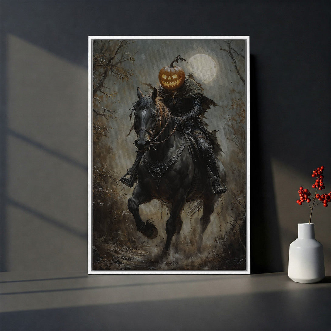Framed Wall Art: Spooky Halloween scene of a headless horseman on horseback, in a dark, moody color palette. Perfect for adding a touch of fright to your decor!
