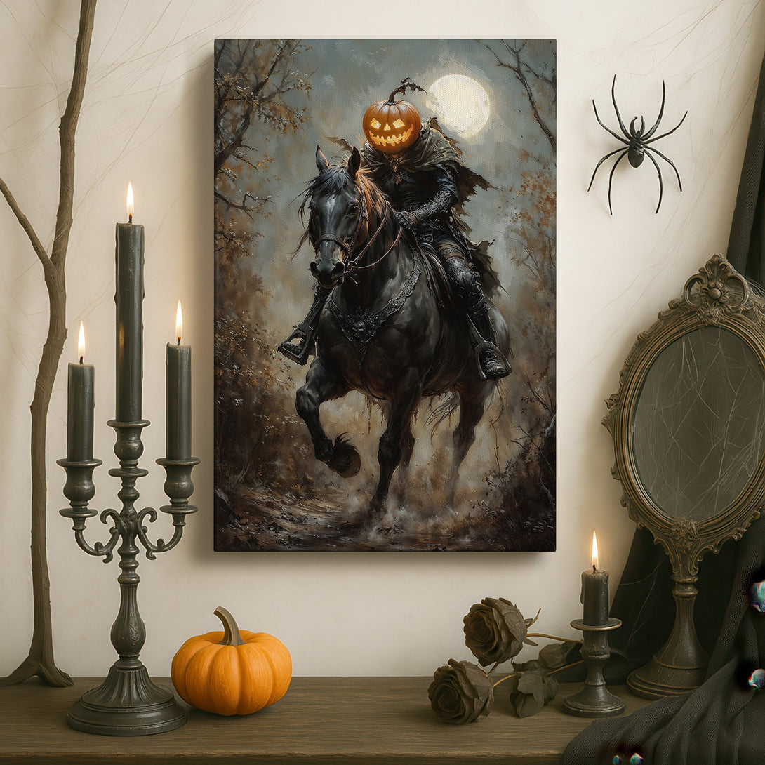 Framed Wall Art: Spooky Halloween scene of a pumpkin-headed rider on horseback. Dark, moody color palette with gold frame, perfect for a gothic interior.