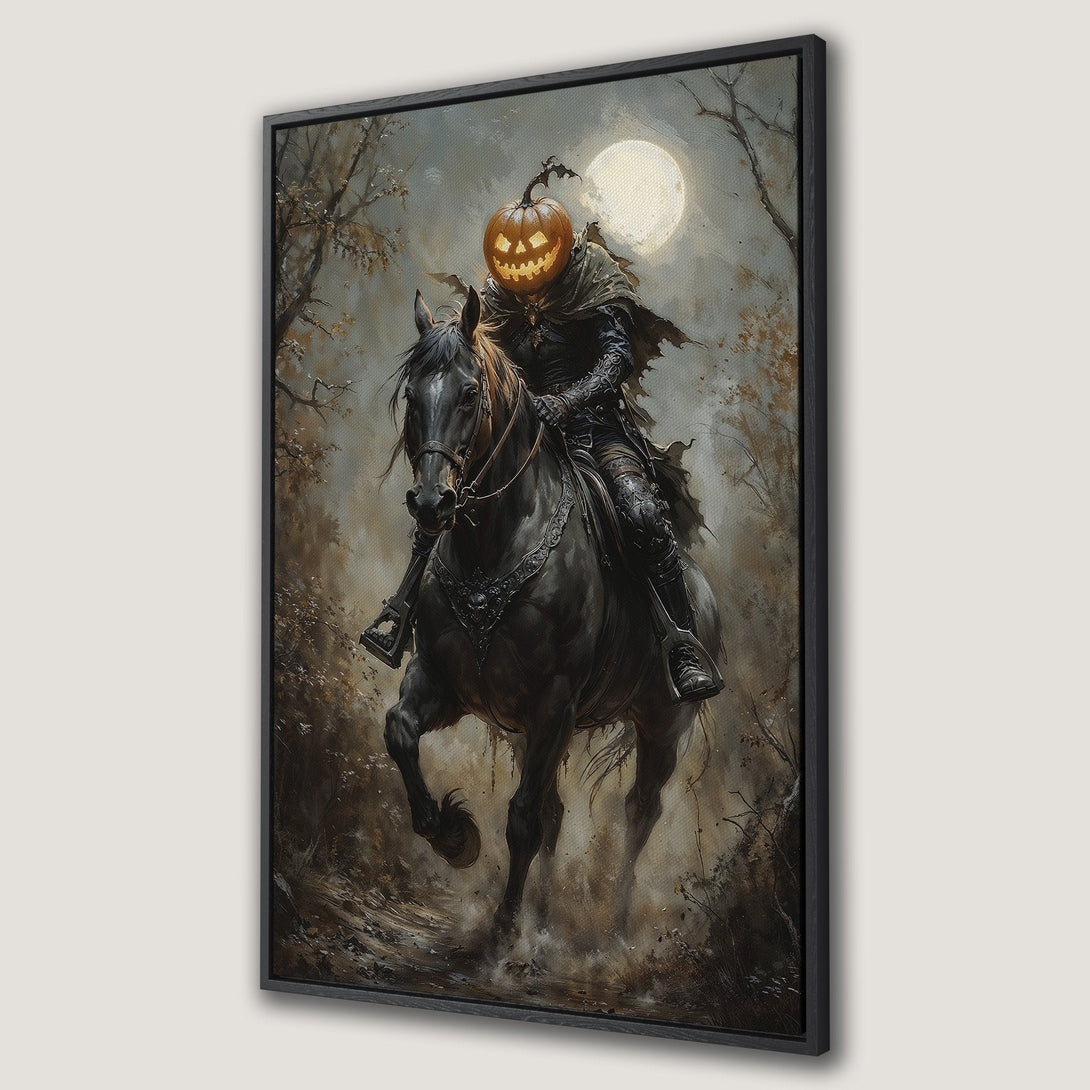 Framed Wall Art: Spooky Halloween scene of a headless horseman riding a black horse. Dark, moody color palette with a glowing pumpkin head. Perfect for Halloween decor!