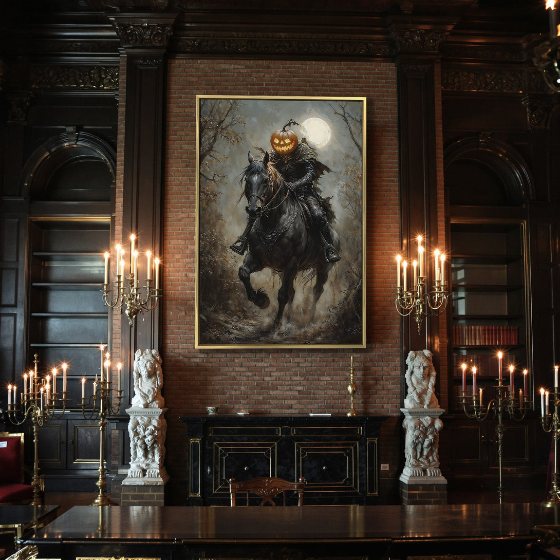 Canvas Print of Headless Horseman riding through a spooky forest. Dark, moody color palette perfect for Halloween decor.