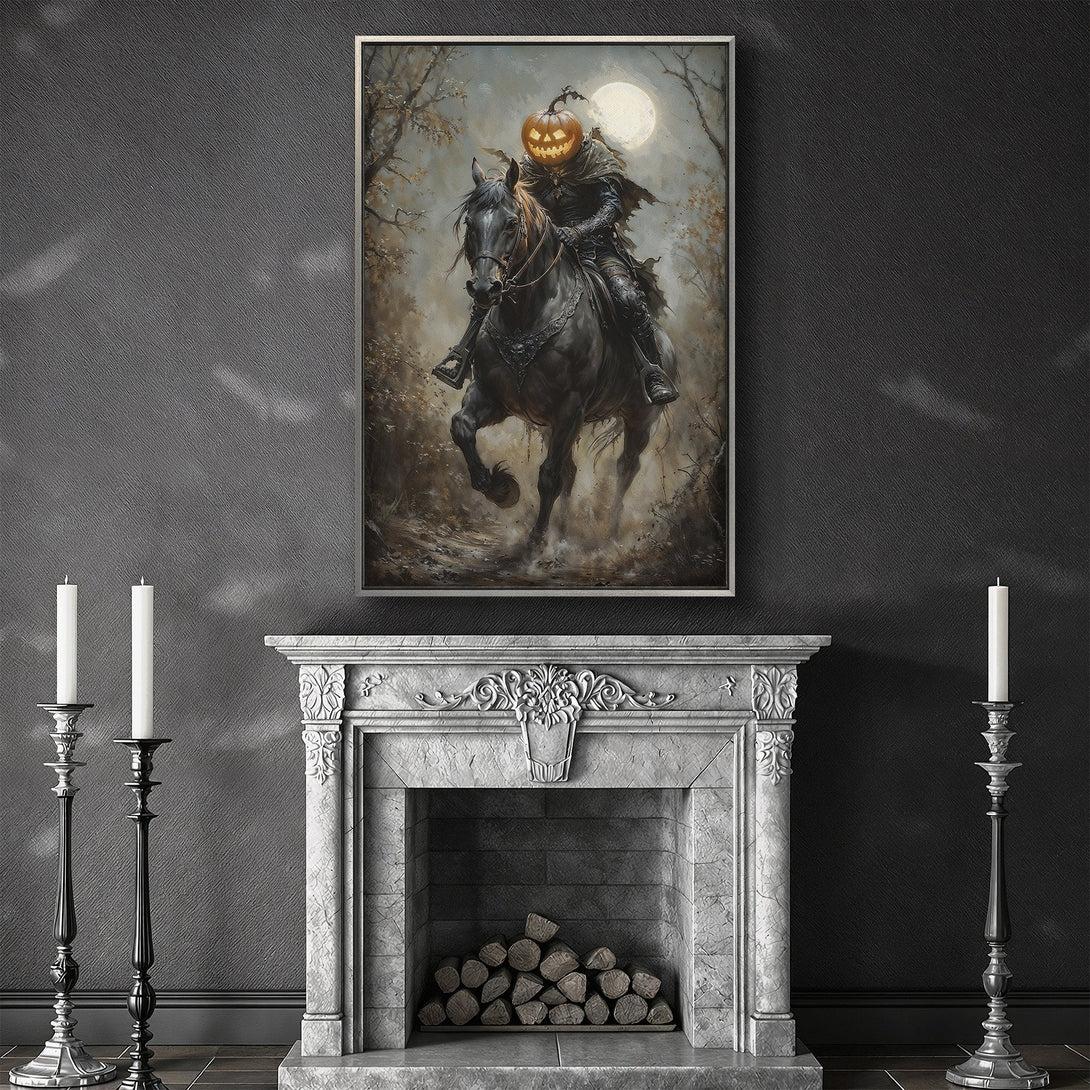 Framed Wall Art: Spooky Headless Horseman riding a black horse, dark fantasy art with a muted, earthy color palette. Perfect Halloween decor!
