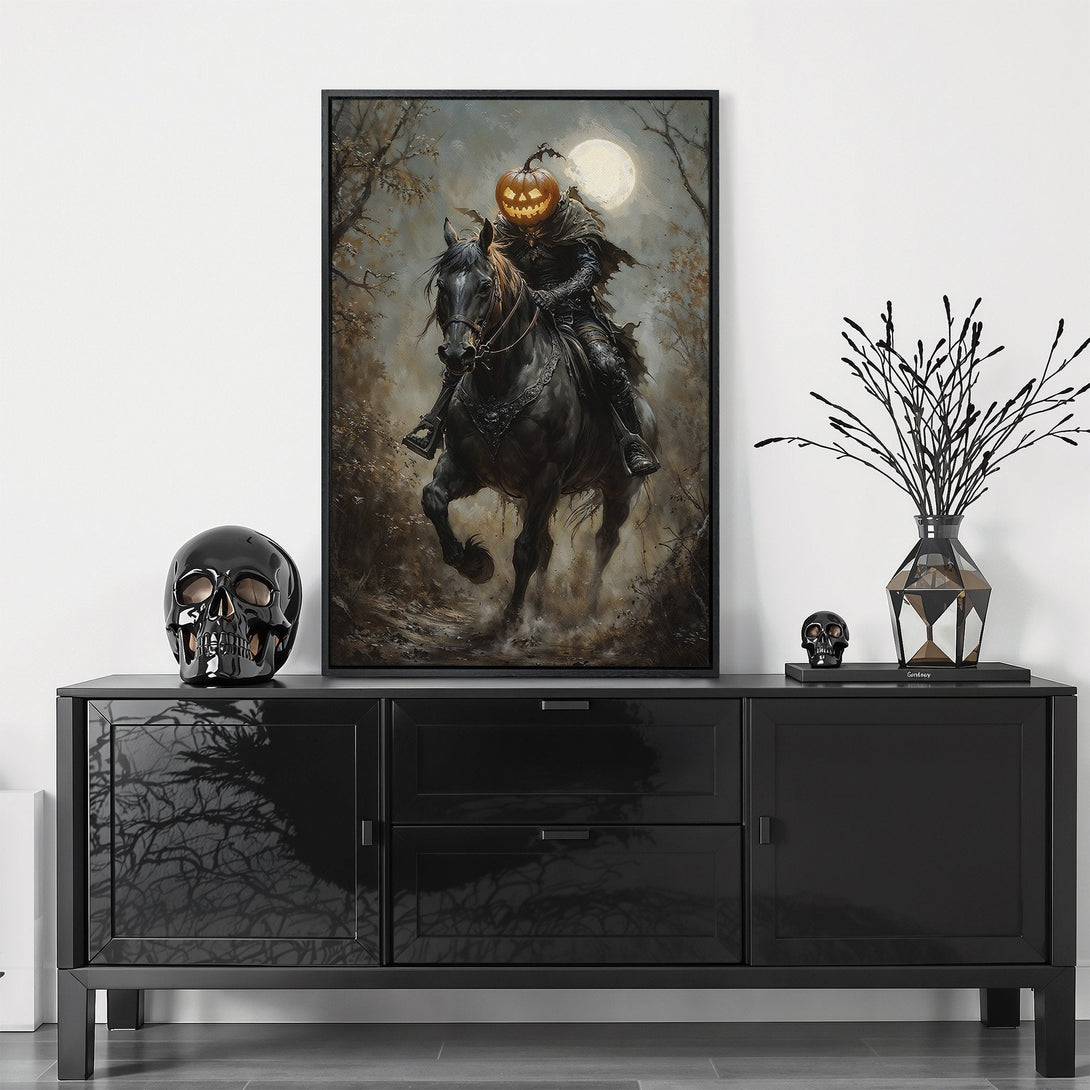 Framed Wall Art: Spooky Headless Horseman canvas print in dark, moody tones. Perfect Halloween decor! Add a touch of gothic style to your home.