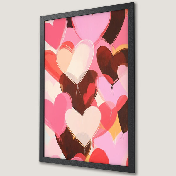Framed Poster featuring abstract hearts in a vibrant pink, red, and brown color palette. Modern art perfect for adding love to your space!