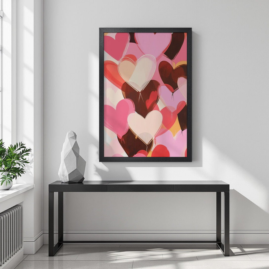 Framed Poster featuring abstract hearts in a romantic pink, red, and brown color palette. Perfect wall art for your home!