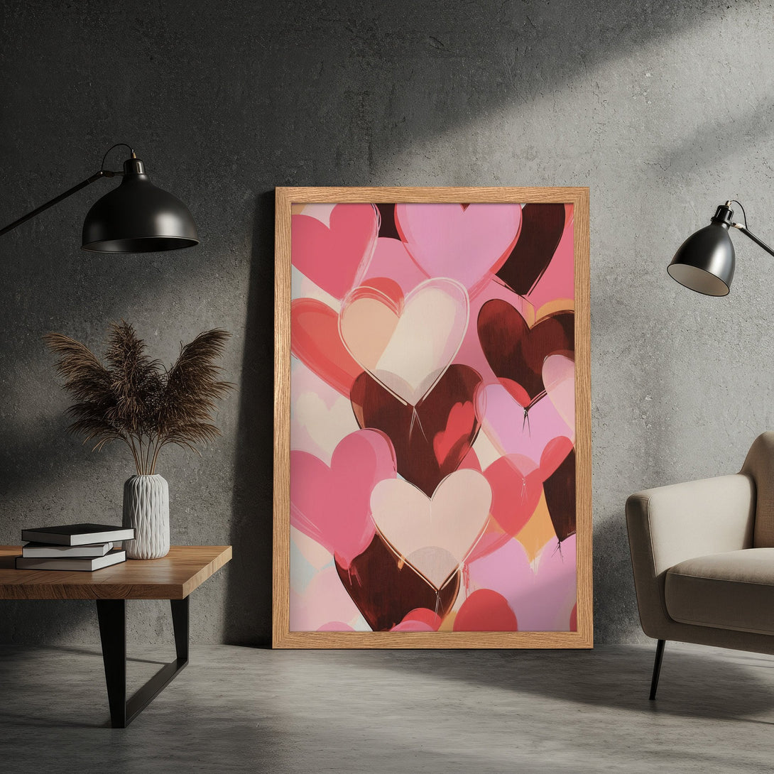 Framed Poster featuring abstract hearts in pink and red hues. Modern art style, perfect for adding love to your decor.
