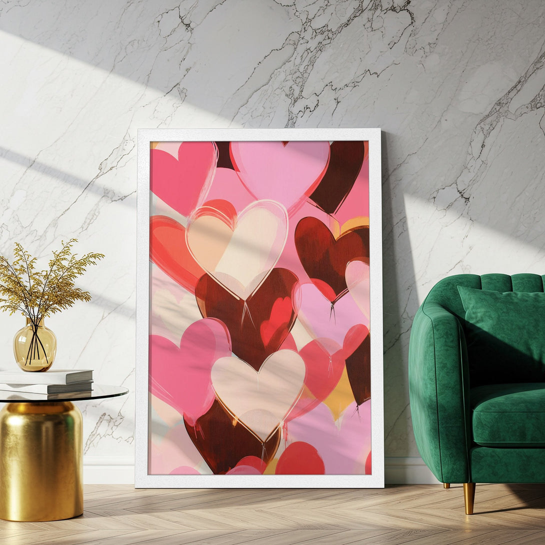 Framed Poster featuring abstract hearts in pink, red, and brown hues. Perfect wall art for a romantic touch!