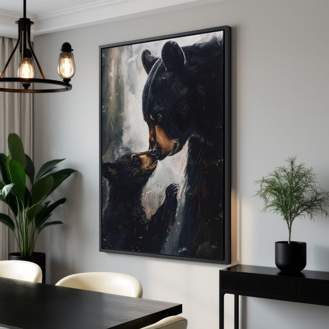 Framed Wall Art: Majestic bear family painting in a modern style. Features a dark, moody palette with black and grey tones. Perfect for any home decor.