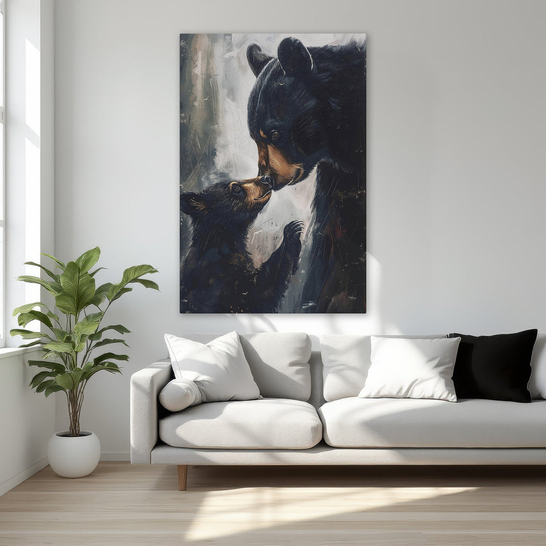 Framed Wall Art featuring a tender bear family. Dark, painterly style with a neutral, warm color palette. Perfect for adding warmth to any room.