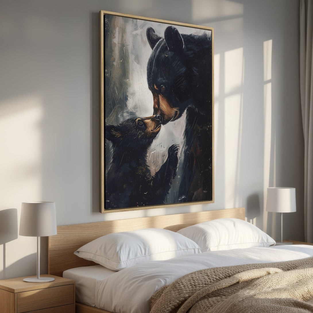 Framed Wall Art featuring a tender bear painting in a bedroom. Earthy tones and neutral palette create a cozy, stylish interior. Perfect for any home!