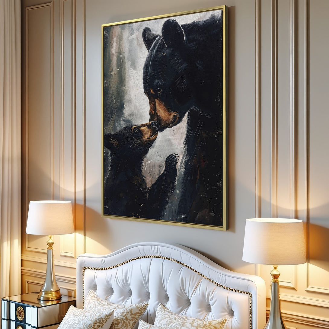 Canvas Print featuring a loving bear family. Artistic style with a dark, moody palette. Perfect wall art for a cozy living room.