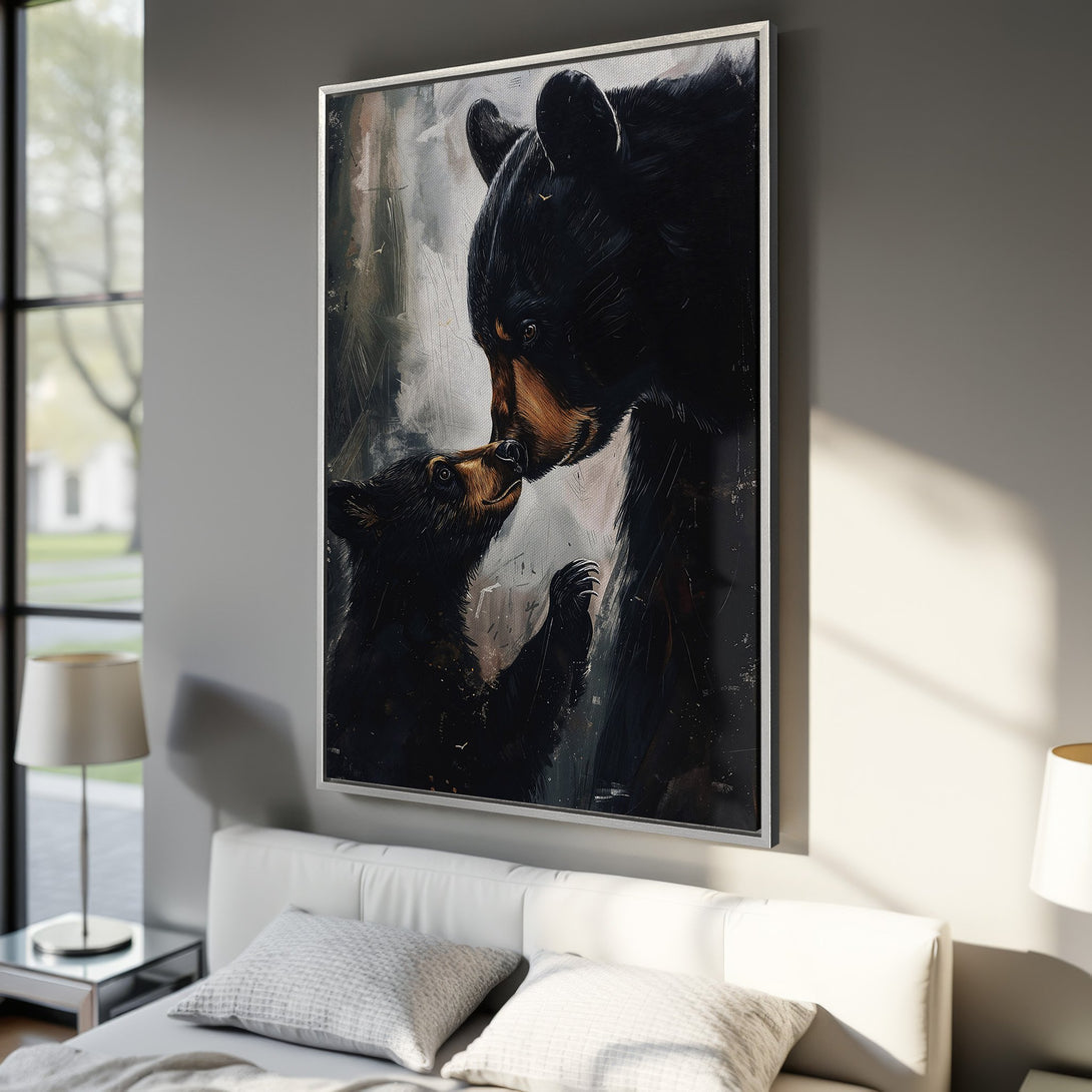 Framed Wall Art: Black bear mother and cub portrait in moody, painterly style with a neutral color palette. Perfect for adding a touch of nature to your home.