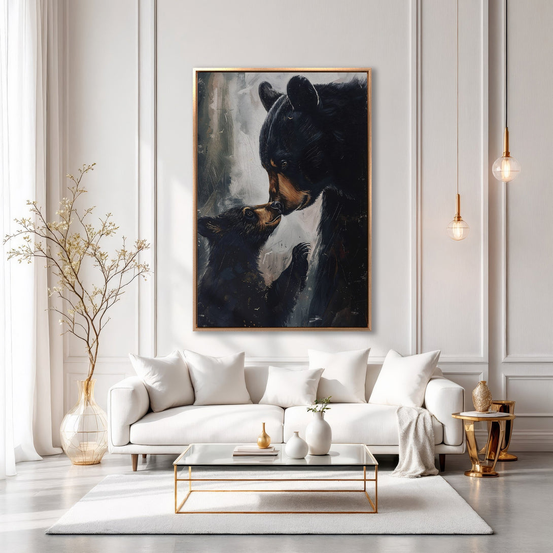 Framed Wall Art featuring a bear family in a modern style, with a neutral and gold color palette, perfect for living room decor.