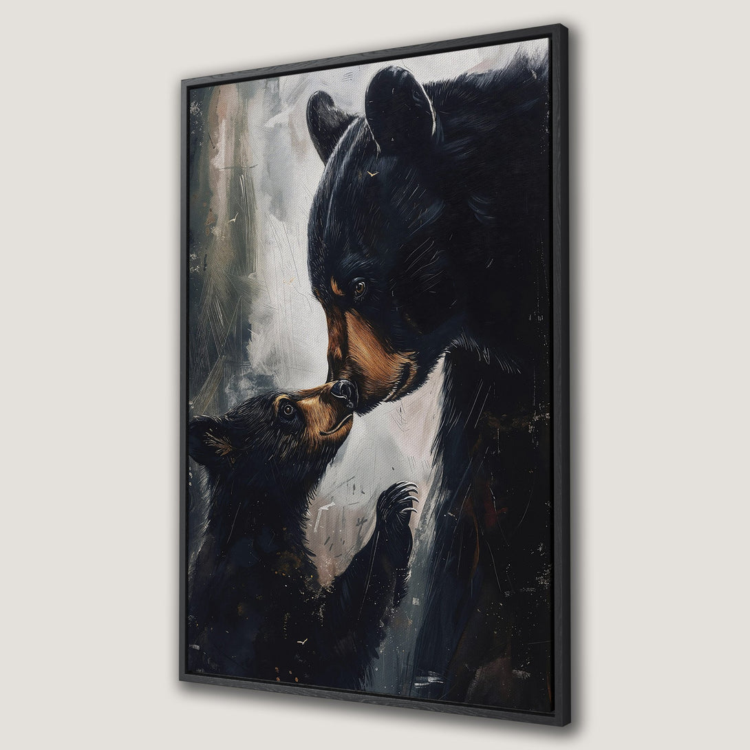 Framed Wall Art featuring a tender bear and cub painting in a dark, moody palette. Perfect for adding a touch of nature to your decor.