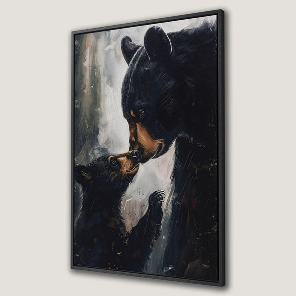 Framed Wall Art featuring a tender bear and cub painting in a dark, moody palette. Perfect for adding a touch of nature to your decor.