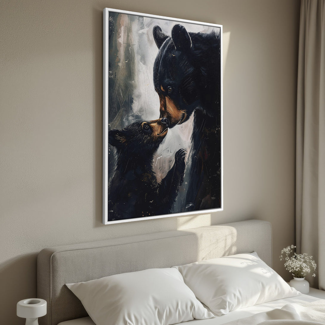 Framed Wall Art featuring a tender bear portrait in a modern, painterly style. Black, brown, and neutral tones create a warm, inviting aesthetic for any room.