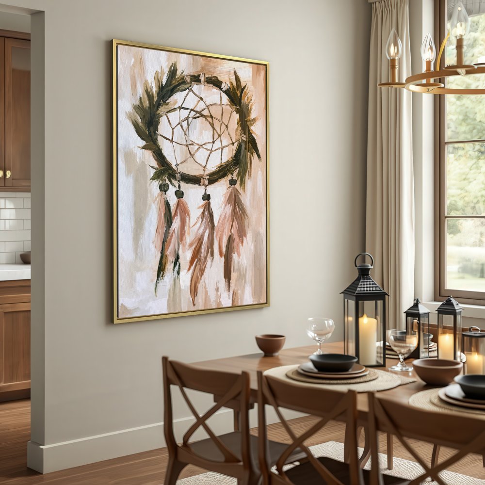 Canvas Print of a dreamcatcher in neutral tones. Boho wall art perfect for adding a touch of serenity to your home decor.
