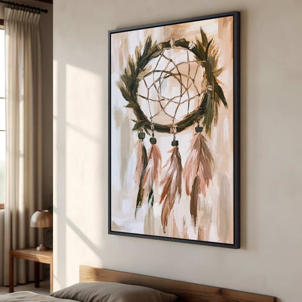Framed Wall Art: Dreamcatcher painting in neutral tones. Boho style canvas print adds a touch of serenity to any room. Shop now!