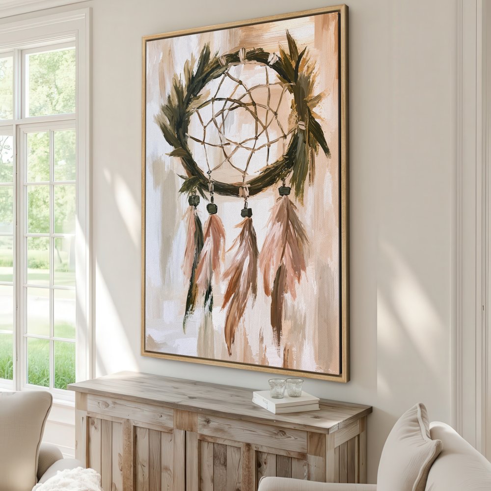Framed Wall Art: Dreamcatcher painting with neutral color palette. Add bohemian flair to your home with this beautiful Canvas Print!