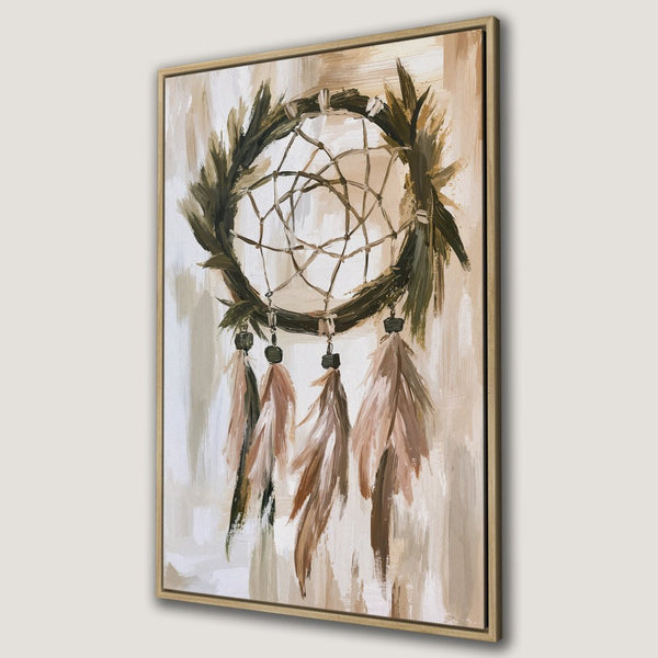 Framed Wall Art: Dreamcatcher painting in neutral tones. Boho style Canvas Print perfect for living room decor.