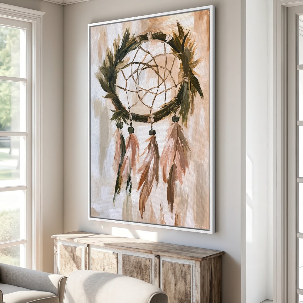 Framed Wall Art: Dreamcatcher painting in neutral tones. Bohemian style canvas print with warm brown, green, and beige palette. Perfect for home decor.