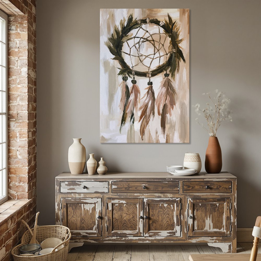 Framed Wall Art: Dreamcatcher painting in neutral tones. Boho style canvas print for living room or dining room decor. Earthy color palette.