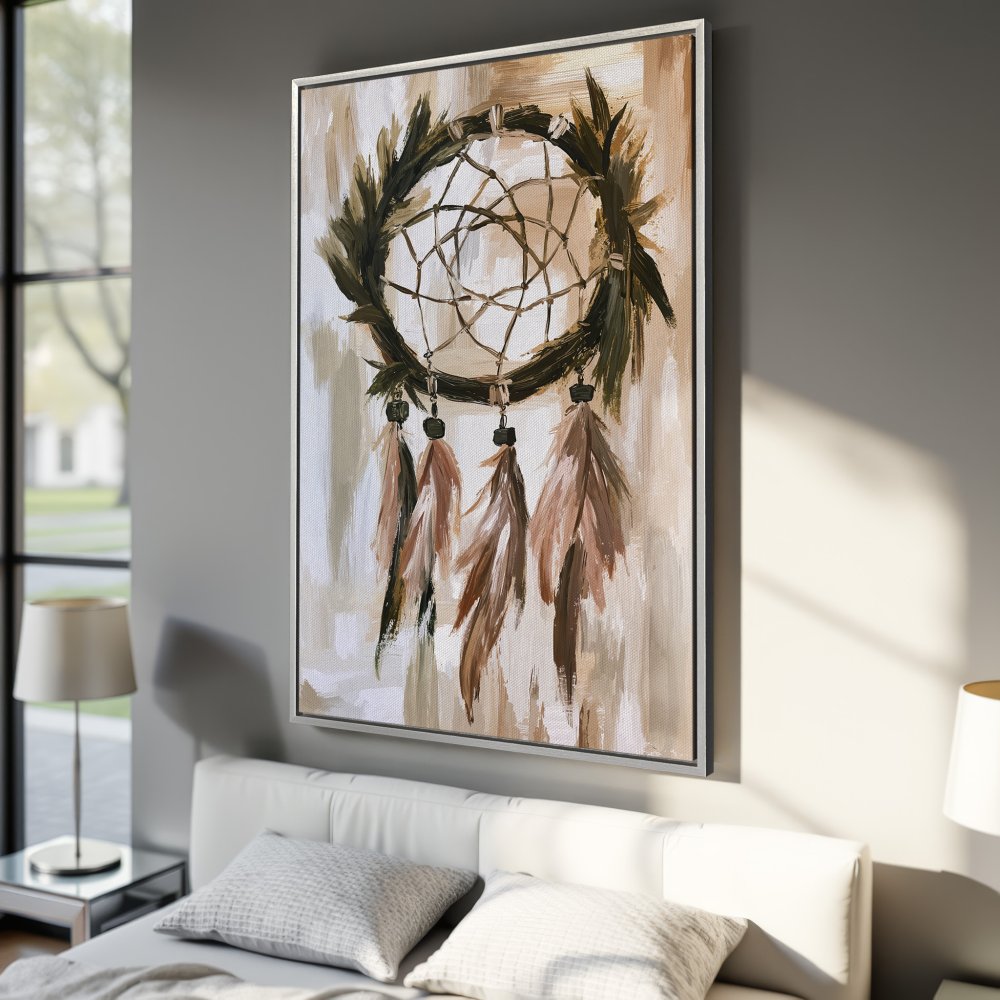 Framed Wall Art: Dreamcatcher painting in earthy tones. Bohemian style Canvas Print adds warmth & style to your bedroom decor.