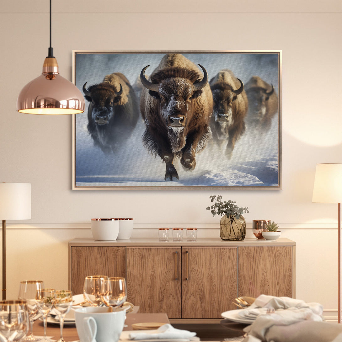 Framed Wall Art featuring bison in a winter landscape. Earthy tones of brown and blue create a stunning nature-inspired Canvas Print for your home.