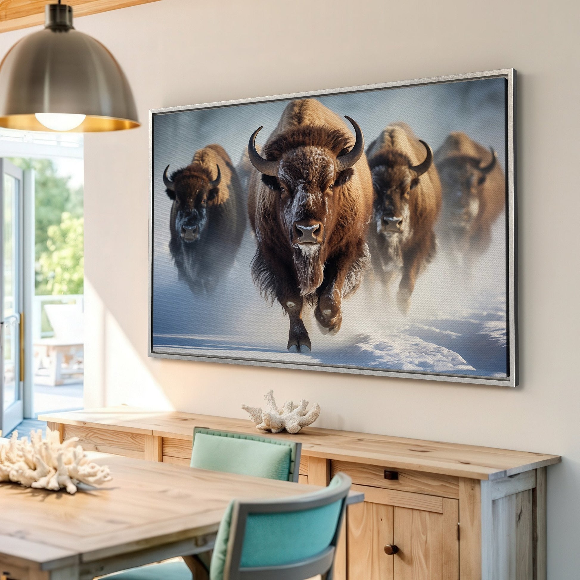 Herd of Buffalo Running Through Snowy Field Canvas Print