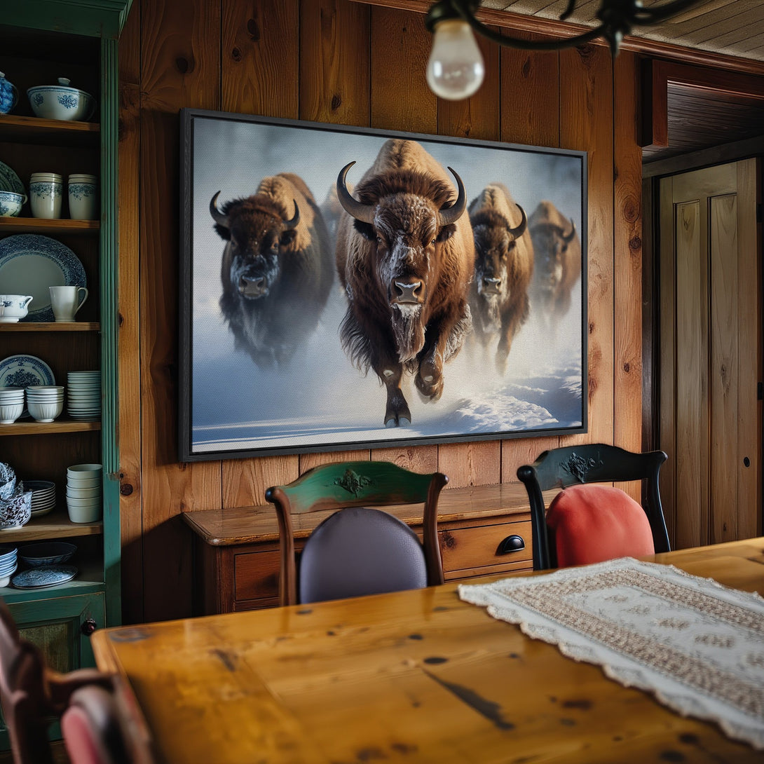 Framed Wall Art: Majestic bison canvas print in a rustic interior. Earthy browns and cool blues create a stunning wildlife scene. Shop now for wall decor!