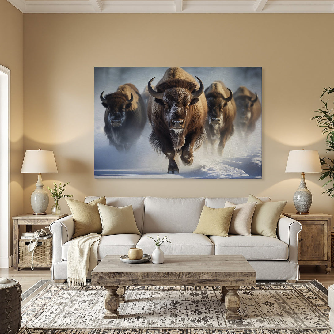 Framed Wall Art: Majestic bison herd charging through snow. Rustic style with warm brown and cool blue tones. Perfect for living rooms and offices.
