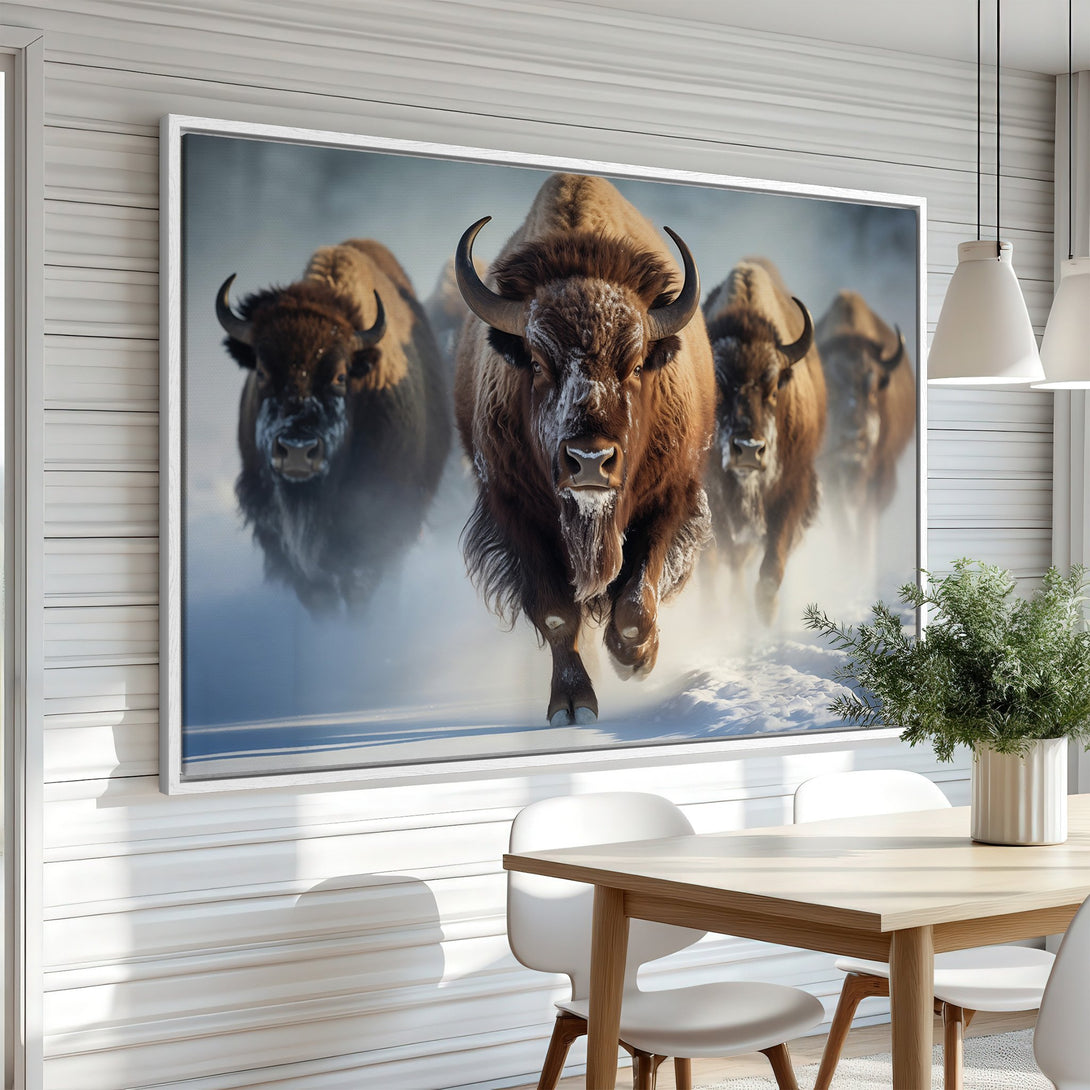 Framed Wall Art: Majestic bison running through snow. Earthy tones of brown and white create a stunning, nature-inspired Canvas Print for any space.