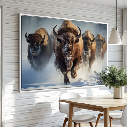 Herd of Buffalo Running Through Snowy Field Canvas Print