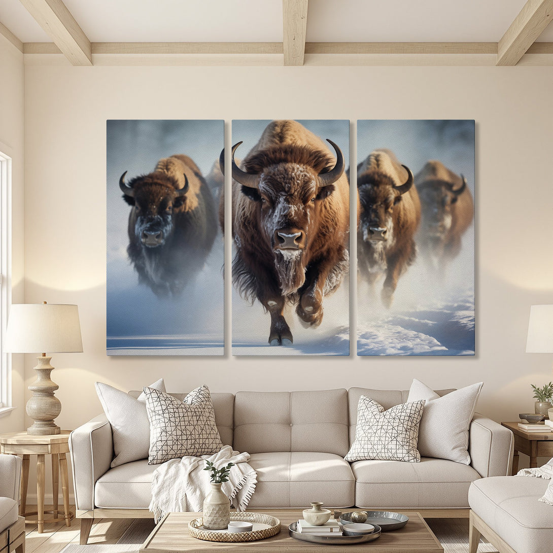 Canvas Print of bison running in the snow. Rustic style, warm brown and cool blue tones. Perfect wall art for a nature-inspired home.
