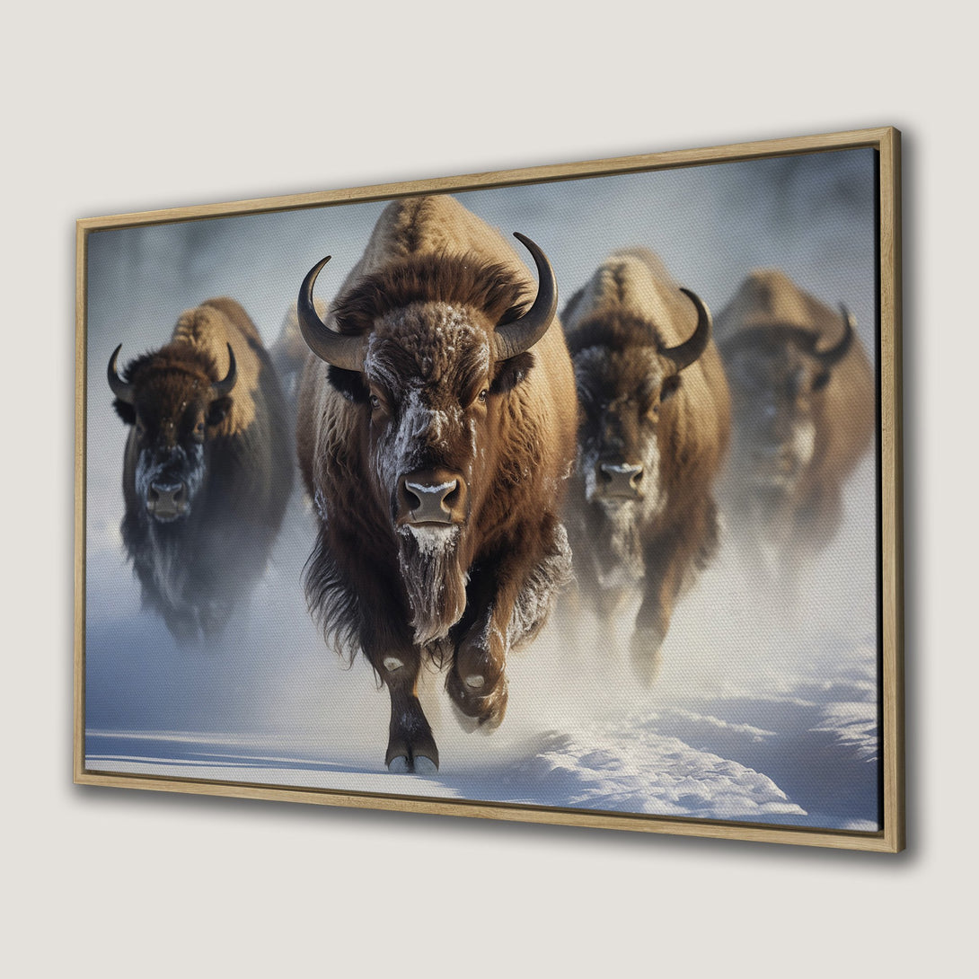 Framed Wall Art: Majestic bison running through snow. Earthy tones and cool blues create a stunning wildlife scene. Perfect for rustic decor!